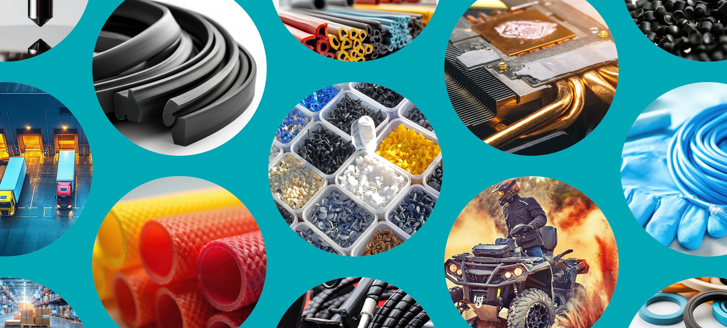 Collage of plastic products and applications including tubing, seals, electronic components, and automotive parts
