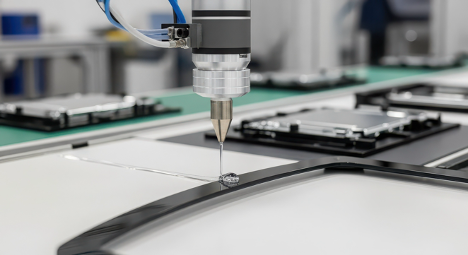 Precision manufacturing machine dispensing adhesive or sealant onto a black rubber part