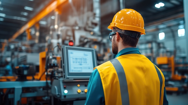 Factory worker wearing a yellow hard hat, safety glasses, and a reflective vest monitors a control screen on an industrial machine.