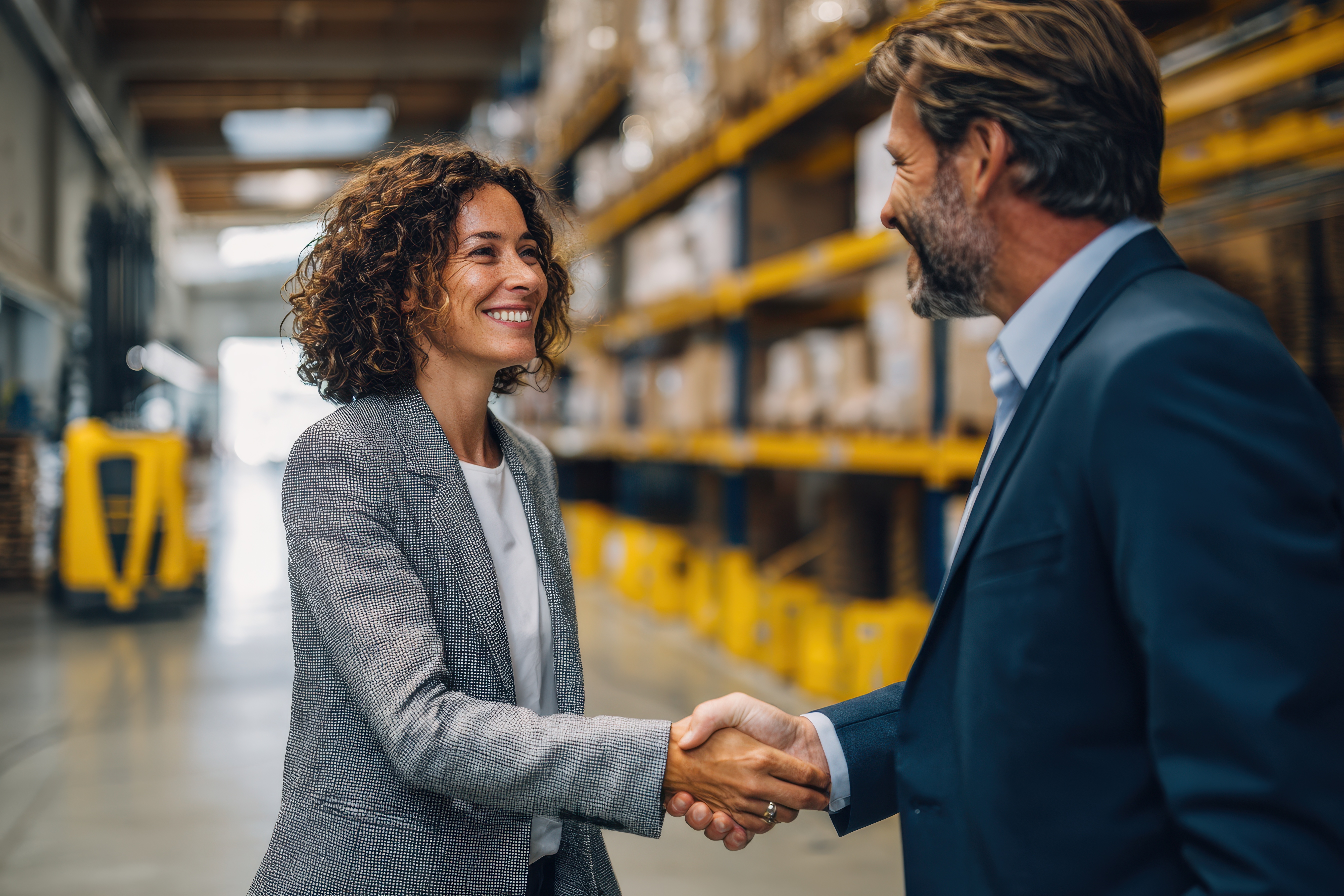 Two business professionals shake hands and smile in a warehouse aisle with tall shelves of inventory and a forklift in the background.