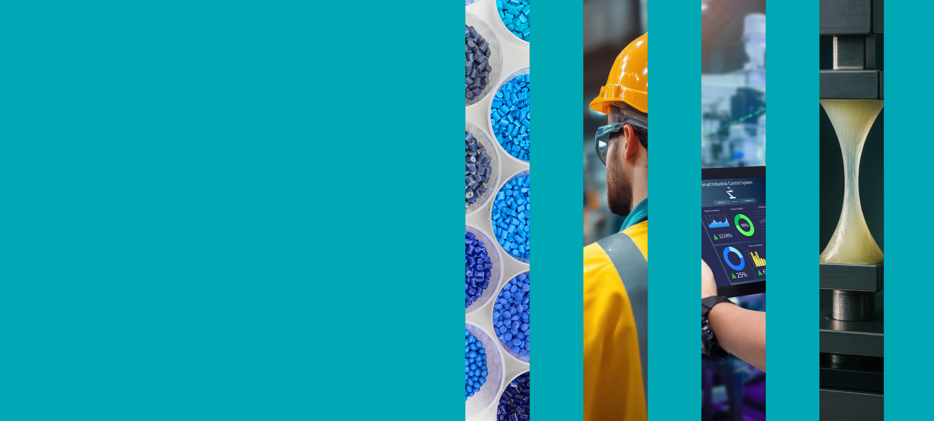 Composite banner showing polymer pellets, an industrial technician reviewing digital data, and a tensile test demonstrating material performance.
