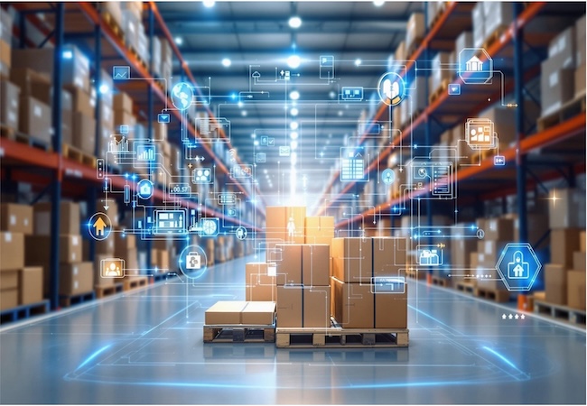 Boxes on pallets in a warehouse with digital logistics interface graphics