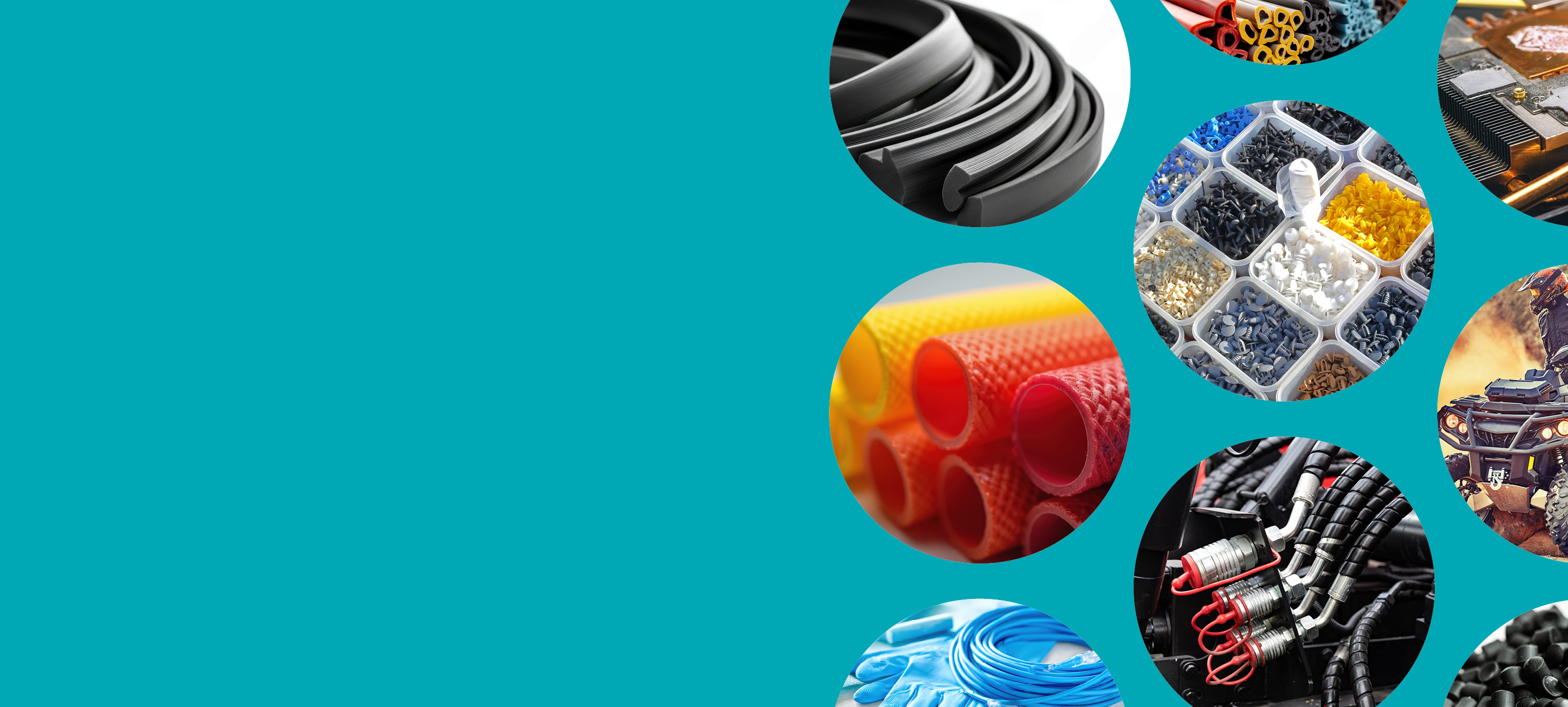 Collage of plastic products and applications including tubing, seals, electronic components, and automotive parts.