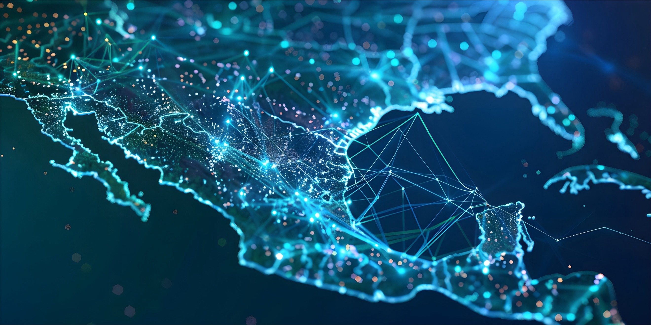 Digital map of Central America with glowing nodes and connecting lines representing a data network