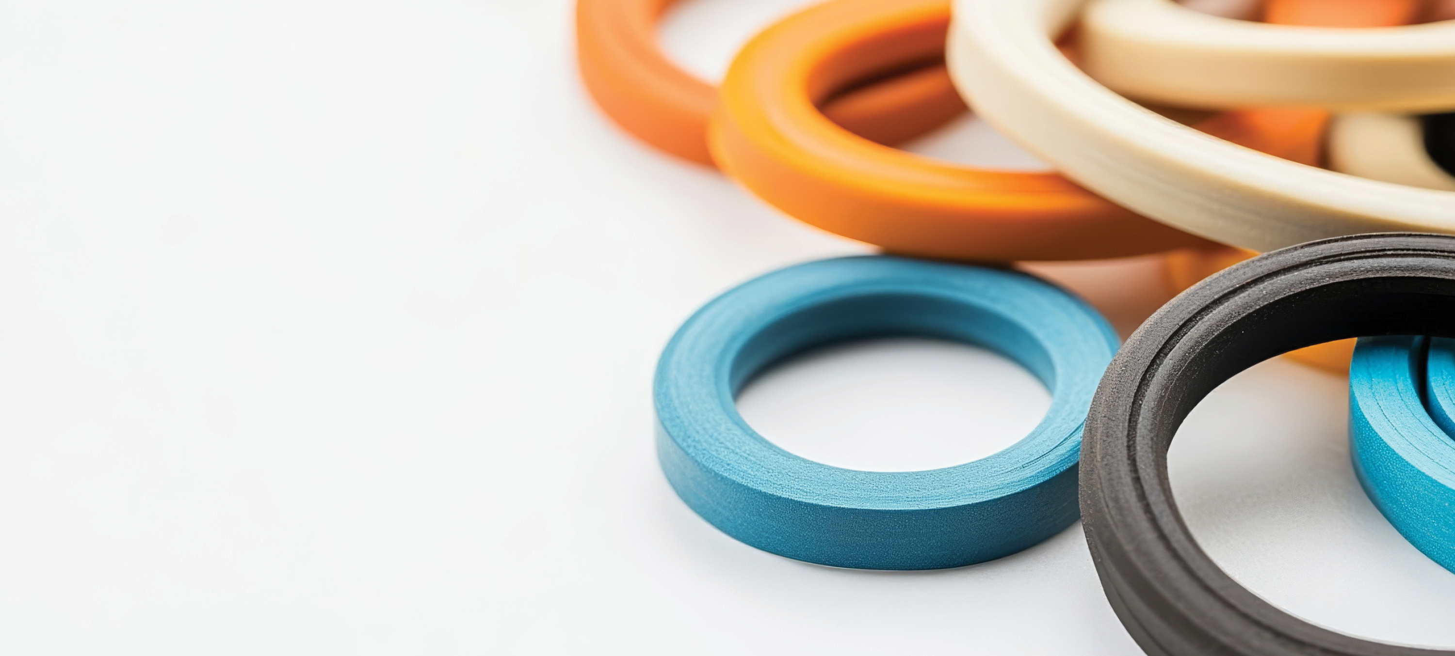 Colorful industrial sealing rings and gaskets made from engineered plastic materials.