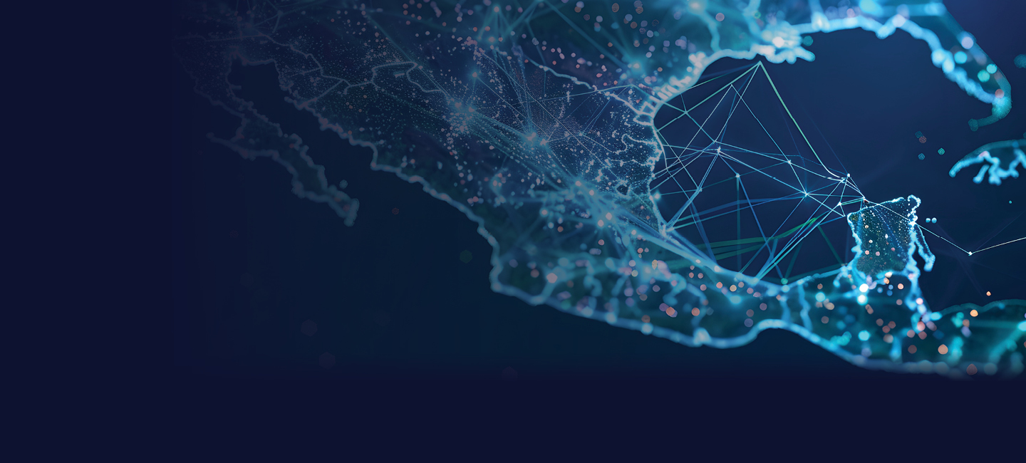 Digital map of Central America with glowing network connections representing supply chain and distribution.