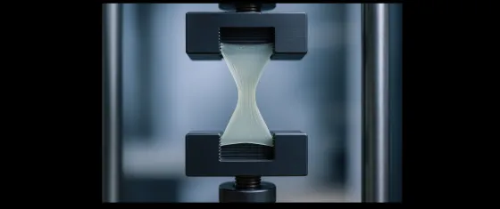 Laboratory tensile test stretching a plastic specimen between two clamps to measure material strength.