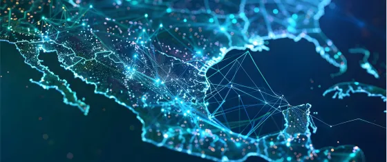 Digital map of Central America with glowing nodes and connecting lines representing a data network.